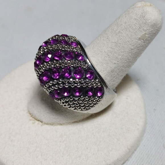 Beehive Dome Ring Purple Rhinestones Size 9 Beaded Accents Vintage Silver Tone - Picture 4 of 10
